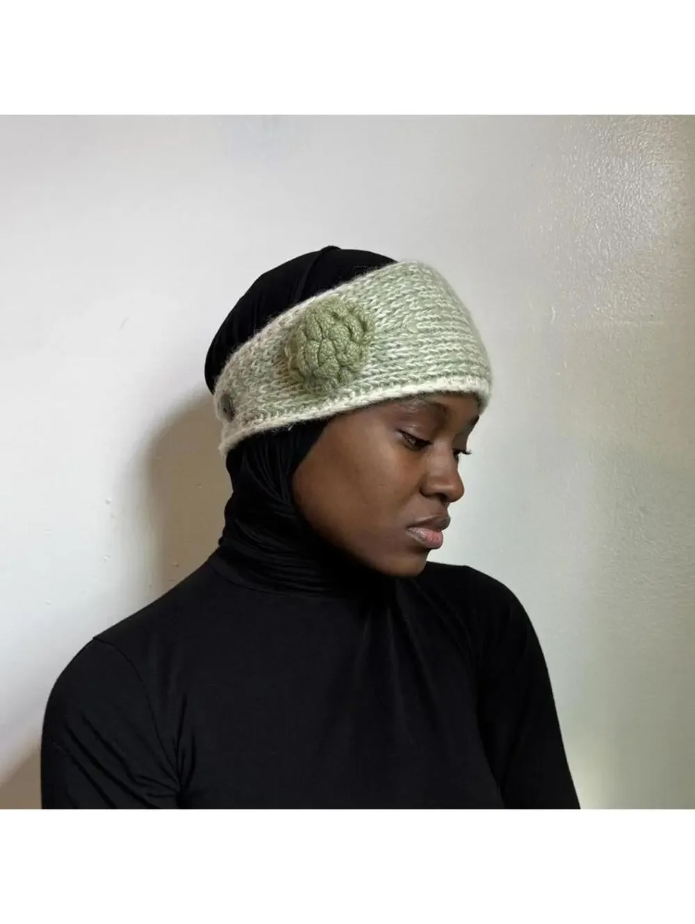 Vintage 100% Wool Hand-Knit Ear Warmer Headband Sage Green crochet flower detail